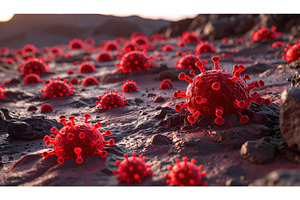 Microscopic view of red virus, a Health & Medical Photo by Igor Tichonow