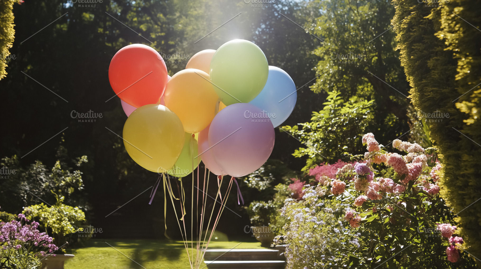 Colorful balloons floating in a lush garden during a summer cele, a Photo by Studio ANNA
