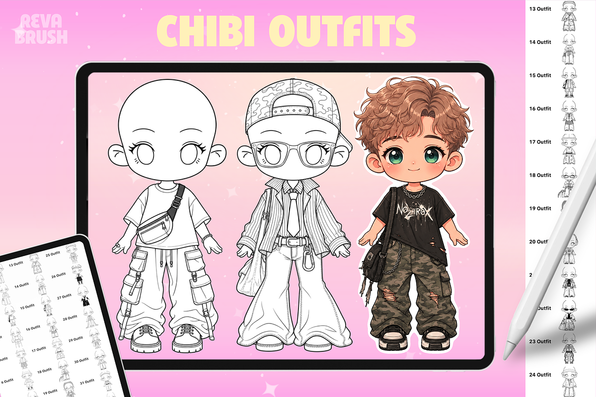 Chibi Procreate Outfit Pose brushes, a Brush Add-On by Revabrush (Photo 3 of 18)