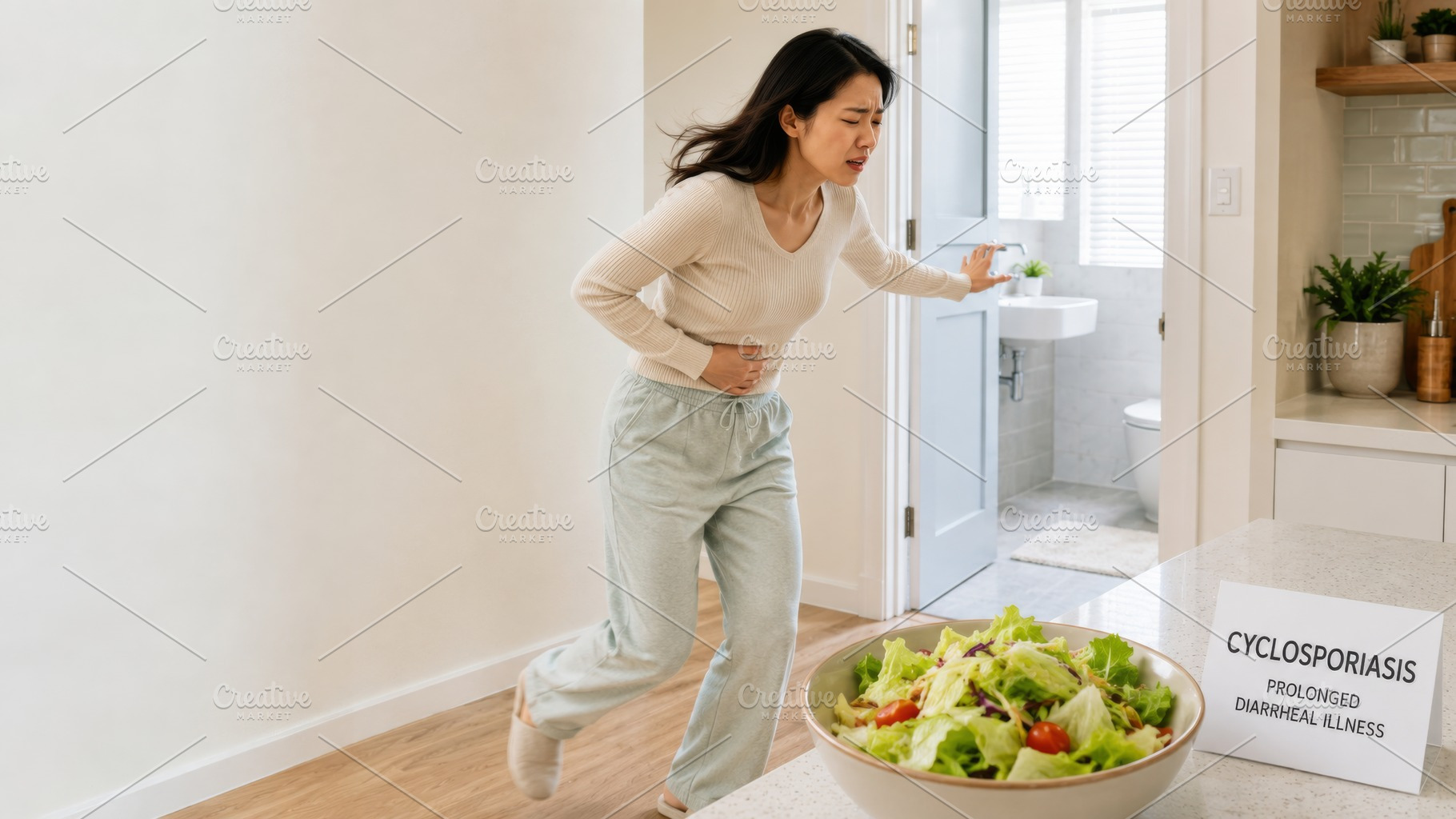 Asian woman experiencing stomach pai, a Photo by Dvoevnore photos