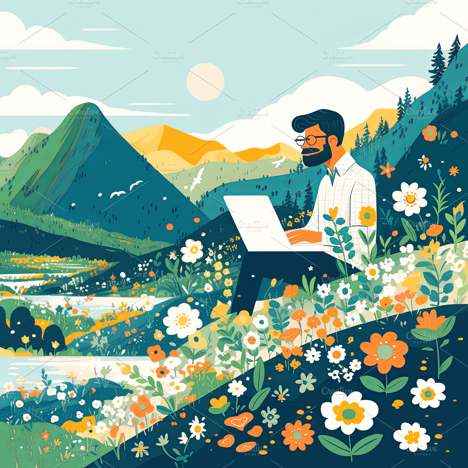 Man working on a laptop outdoors amidst picturesque mountains and vibrant flowe, a Photo by AS photostudio