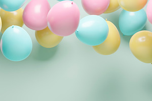 Colorful helium balloons on retro mint pastel background. Birthd, a Holiday Photo by hitdelight