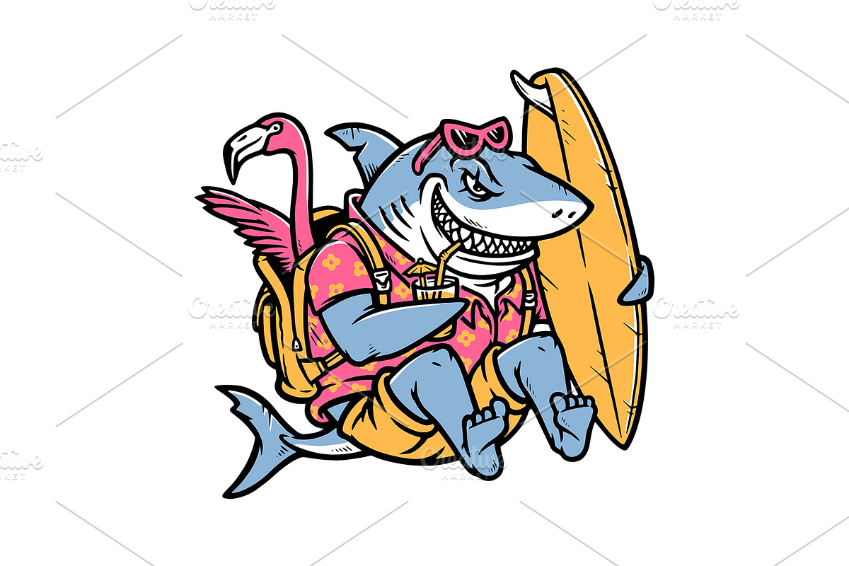 shark holding a surfboard, an Animal Illustration by gunaonedesign (Photo 1 of 5)