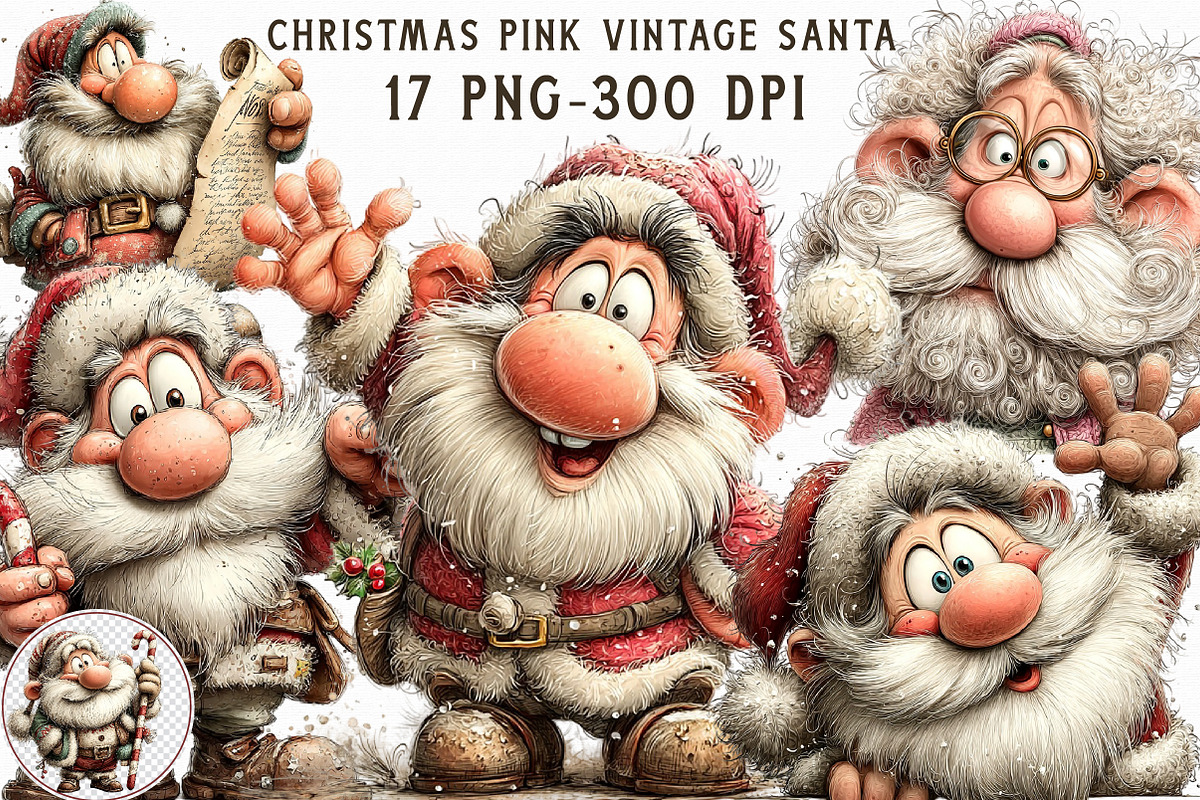 Christmas Pink vintage Santa Clipart, an Illustration by Libby Wishes (Photo 1 of 7)