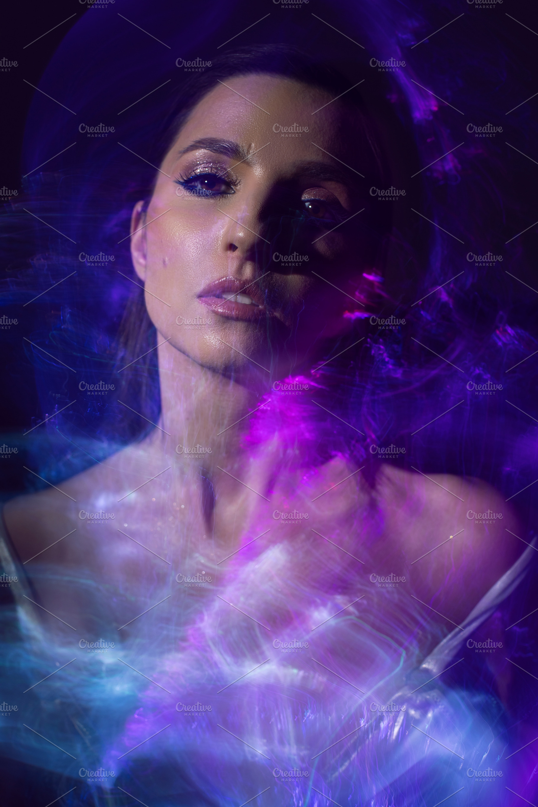 portrait cyber futuristic elegant lady in a silver swimsuit vogue look isolated, a Person Photo by SaulichPhoto