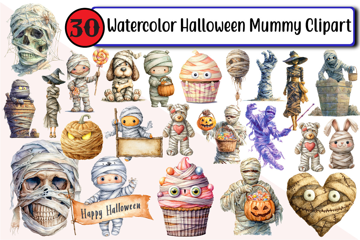 Watercolor Halloween Mummy Clipart, an Illustration by Design Market (Photo 1 of 2)