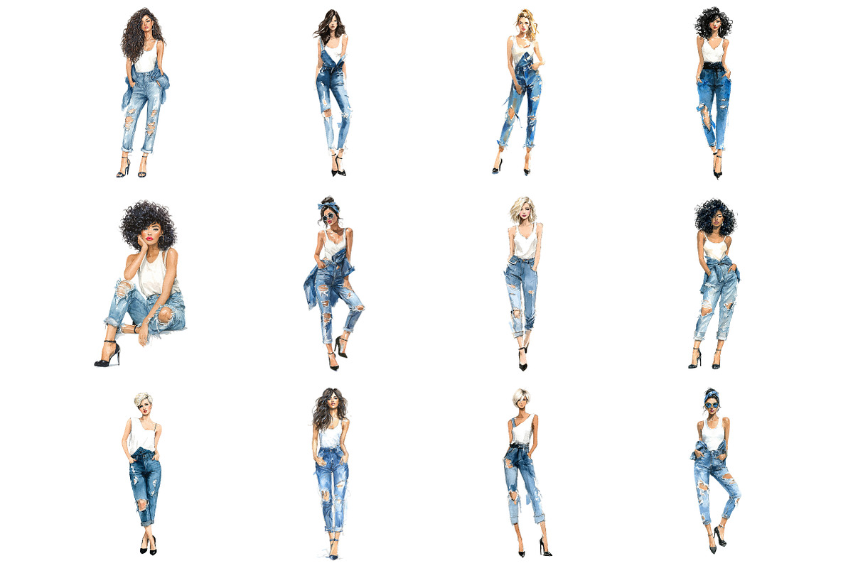 Watercolor Denim Girl Clipart, an Illustration by DreamArtGraphic (Photo 2 of 3)