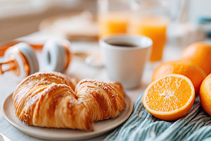 Enjoying a relaxing brunch with croissants, oranges, and coffee, a Food & Drink Photo by AlyaAnd