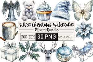 Silver Christmas Watercolor Clipart, an Illustration by Black Bird Studio