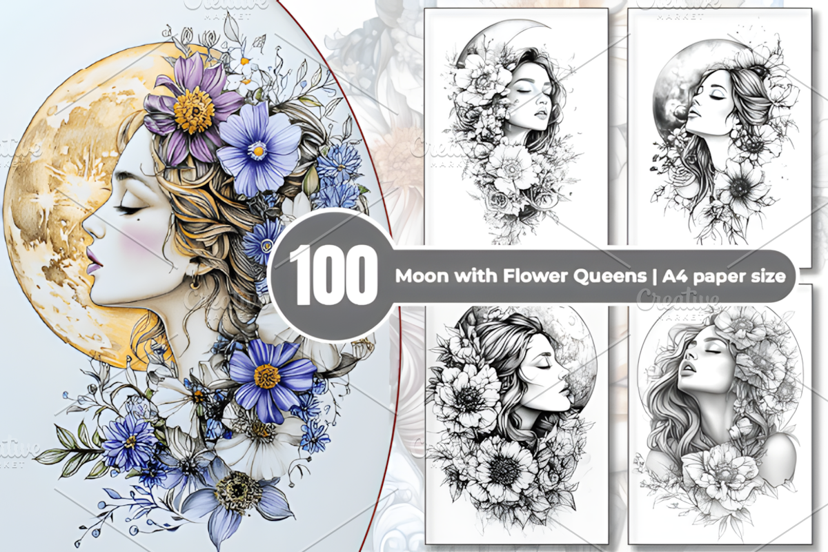 Moon with Flower Queens Coloring Pag, a Decorative Illustration by Design Station (Photo 1 of 3)