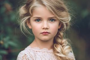 Young blonde girl with blue eyes posing outdoors, wearing a beau, a Person Photo by Studio ANNA