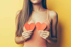 Happy young woman holds in hands paper heart, a Person Photo by AlyaAnd