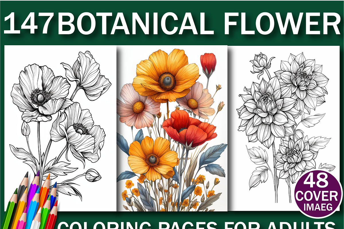 Botanical Flower Coloring Book, a Seasonal Illustration by Printable Design Store (Photo 1 of 7)