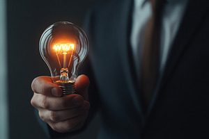 Illuminated lightbulb in businessman hands. AI technology concep, a Business Photo by AlyaAnd