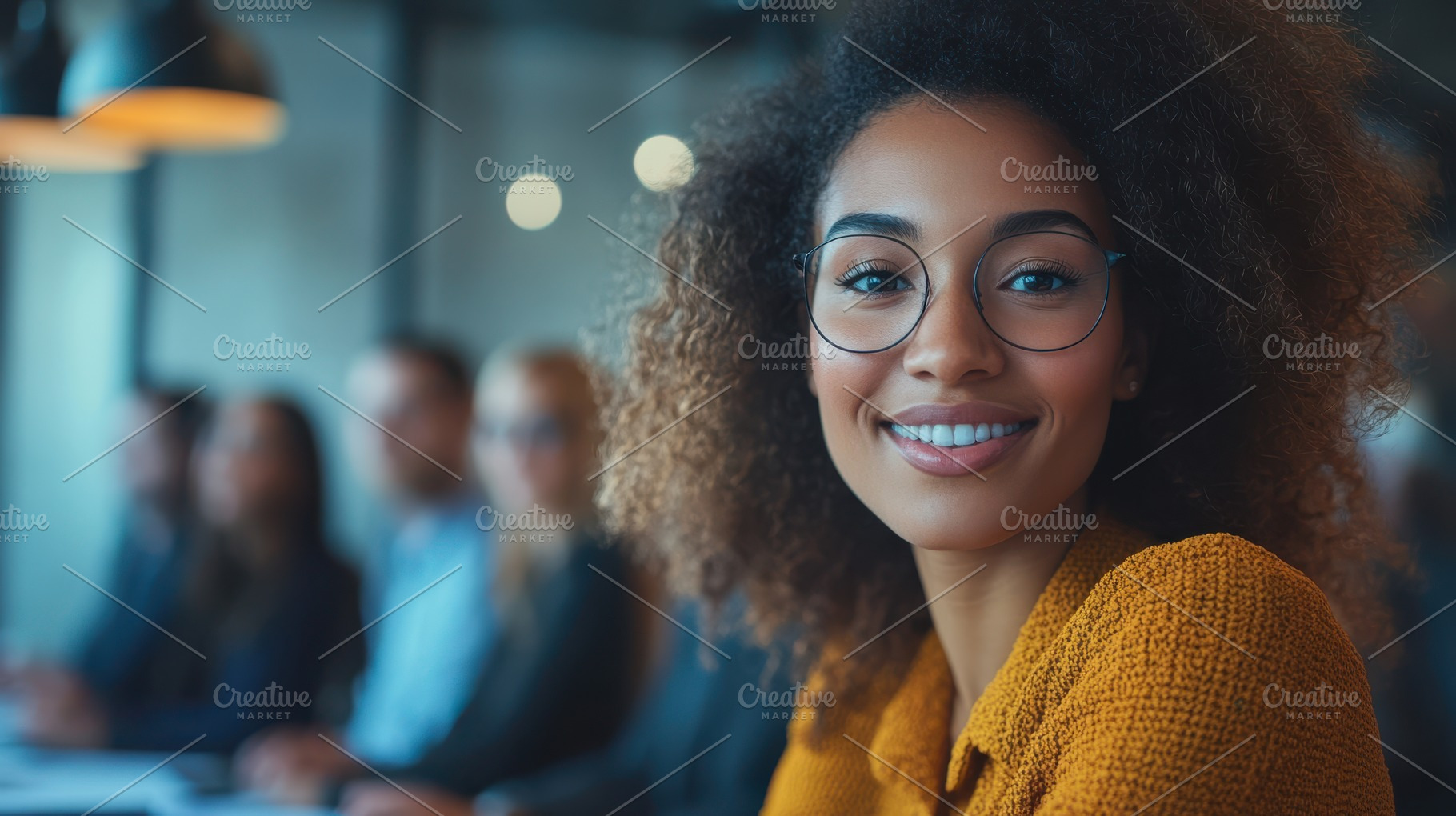 Smiling businesswoman in glasses at, a Photo by Pixeness Studio