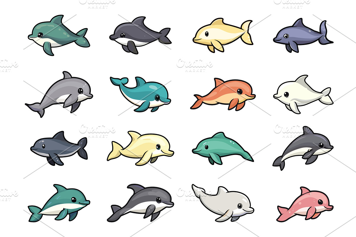 Kawaii dolphins. Cute cartoon, an Animal Illustration by Valerie Bodnar