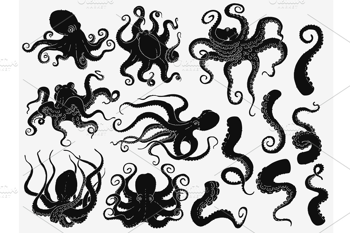 Black octopus silhouette set, an Animal Illustration by Sabelskaya