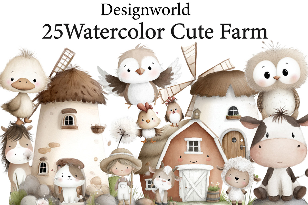 Watercolor Cute Farm Clipart, an Illustration by Designworld (Photo 1 of 6)
