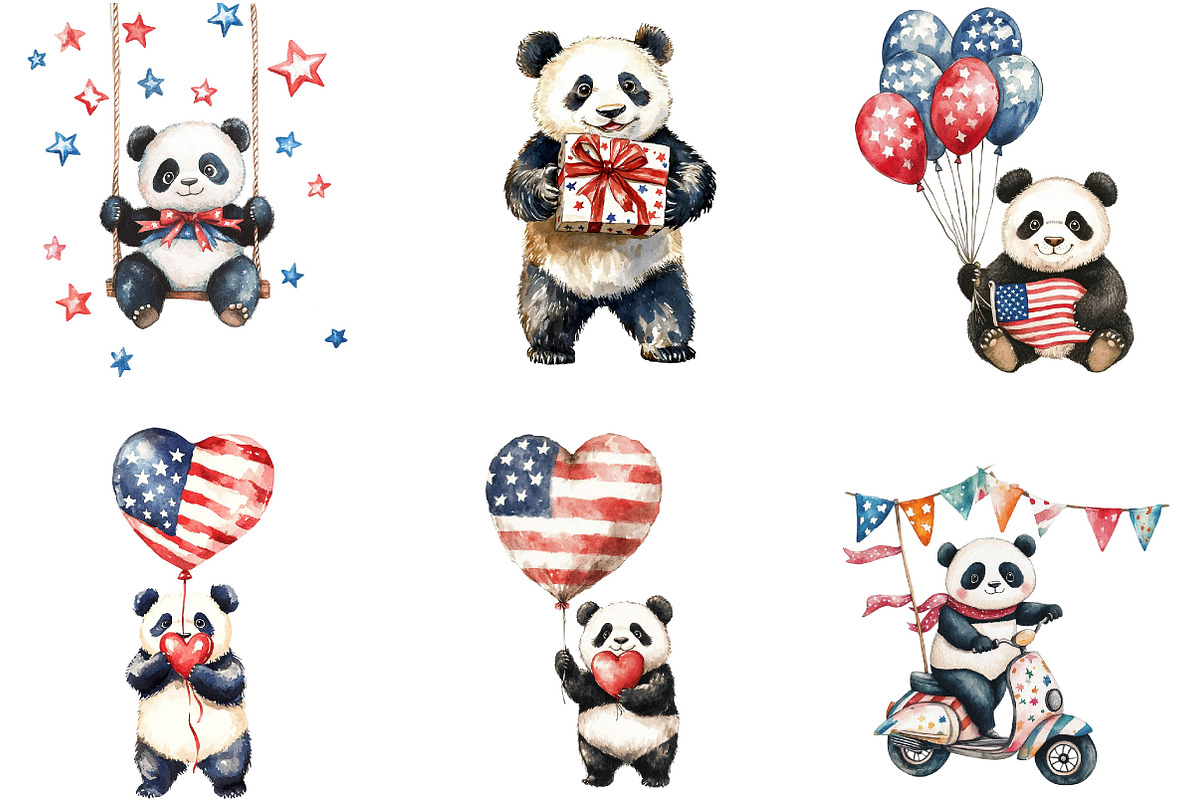4th of July Panda Watercolor, an Illustration by Designking (Photo 3 of 5)