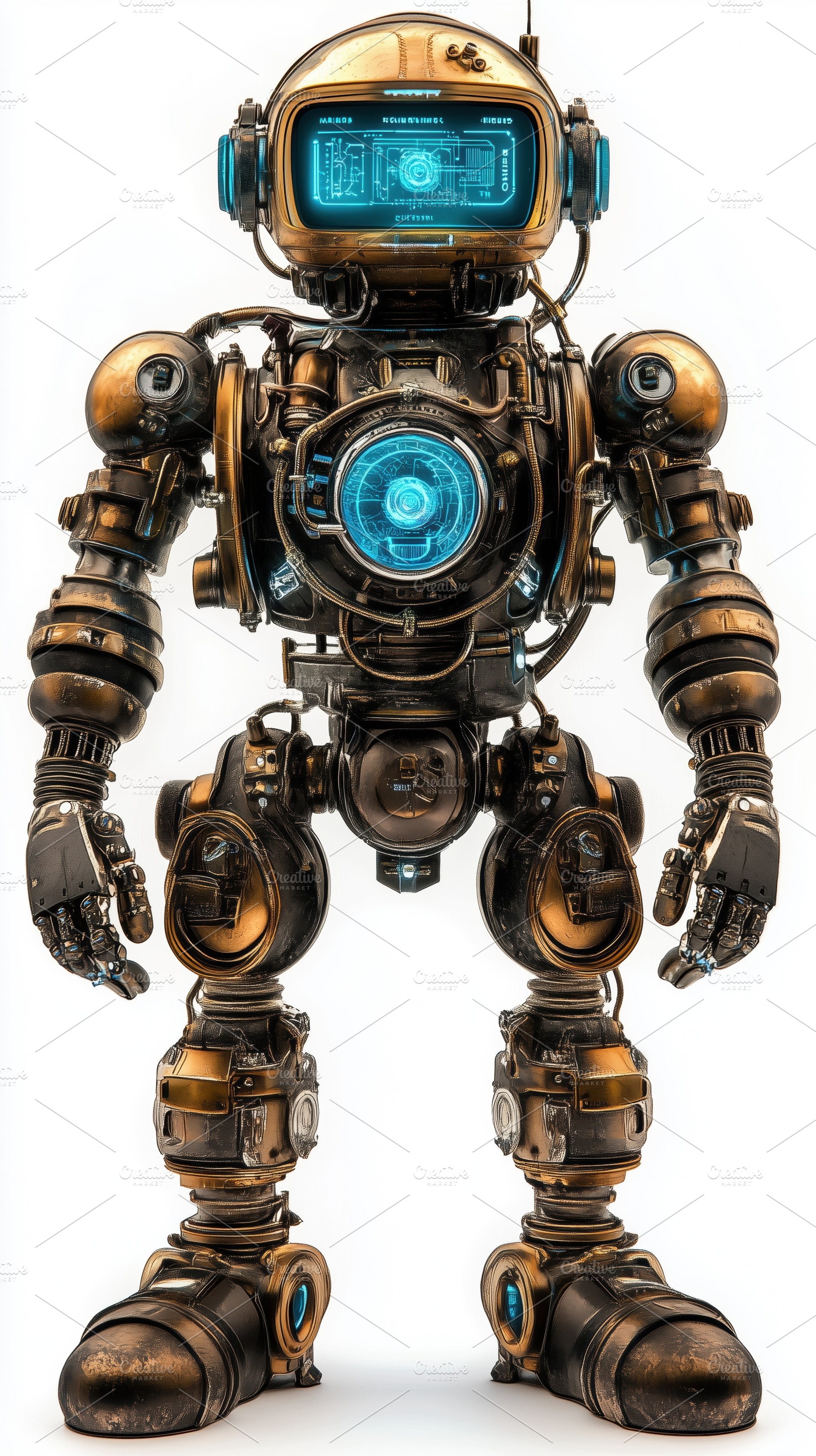A futuristic robot with a metallic bronze finish, featuring a glowing blue core, an Industrial Photo by Textures & Backgrounds