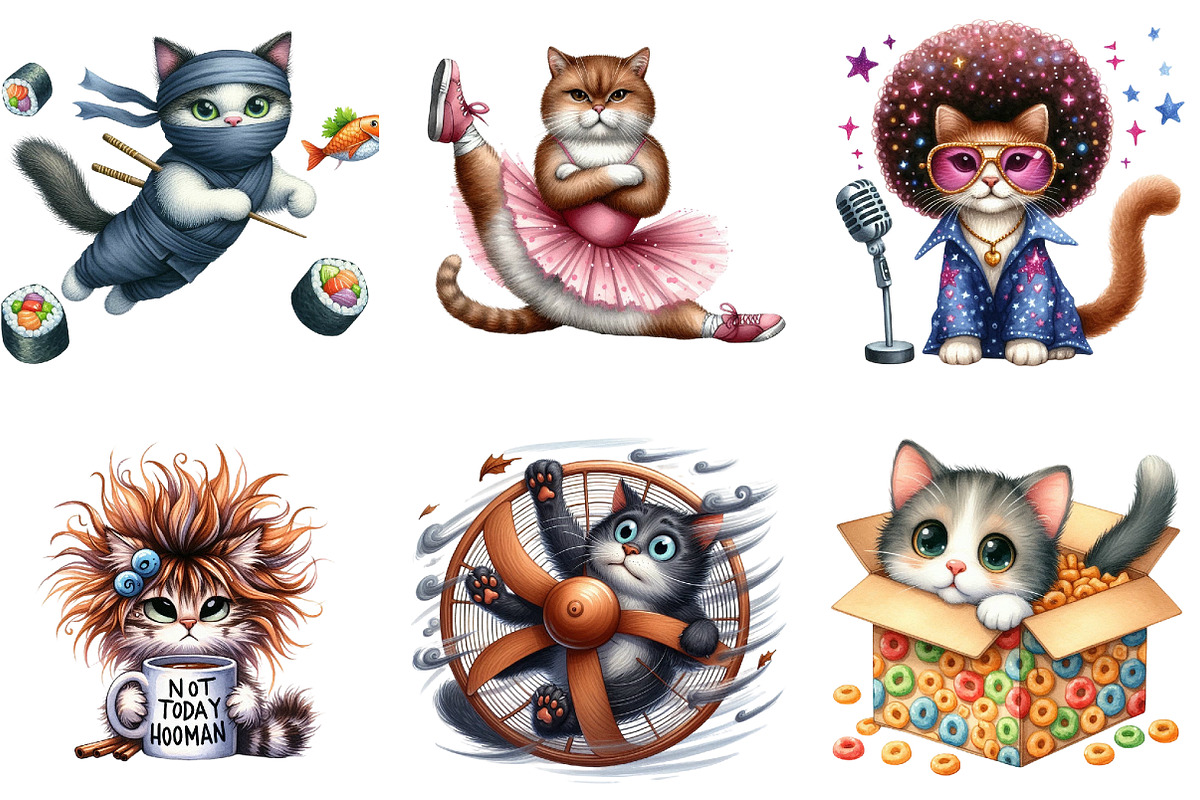Quirky Crazy Cats Sublimation Clipar, an Illustration by DreamArtGraphic (Photo 4 of 5)