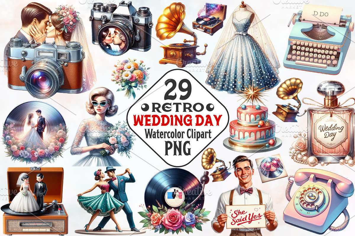 Retro Wedding Day Clipart, an Illustration by RobertsArt (Photo 1 of 7)