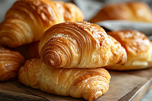 Golden-brown croissants stacked elegantly on a wooden board, sho, a Food & Drink Photo by ImageMir