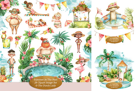 Summer At The Pool Clipart Set, a Seasonal Illustration by The Dutch Lady Designs