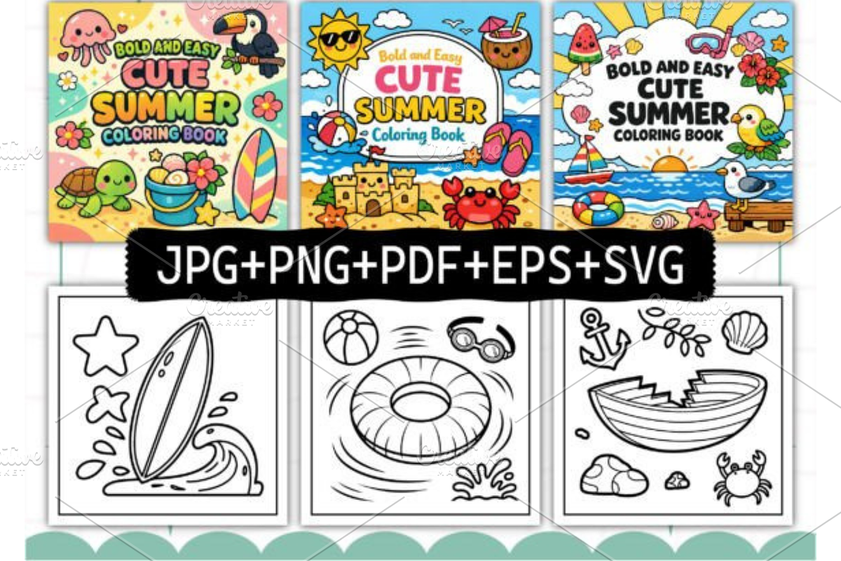 Bold Easy Cute Summer Coloring Pages, a Seasonal Illustration by Akrinity Digital (Photo 2 of 4)