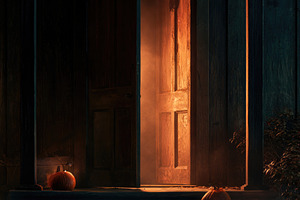 Haunted doorway with glowing orange light for Halloween