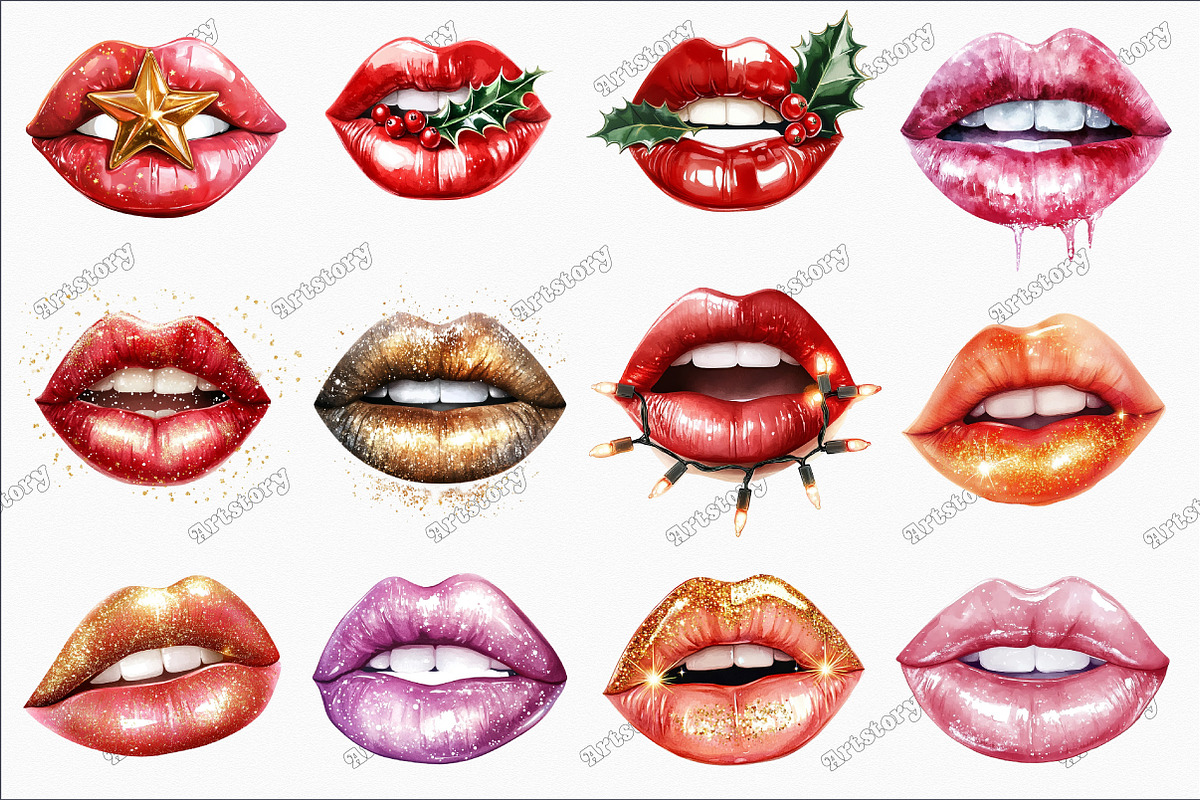 Watercolor Christmas Lips Clipart, an Illustration by designcity5 (Photo 3 of 5)