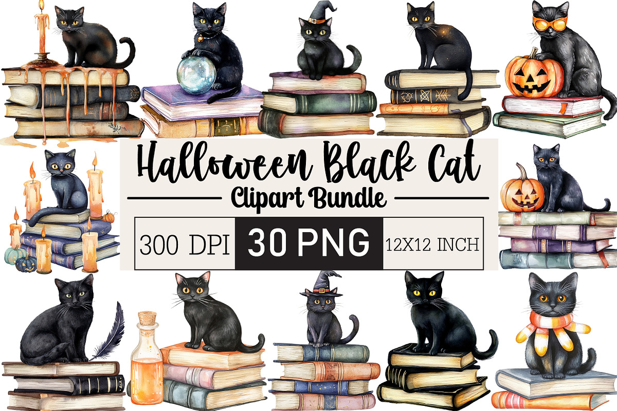 Halloween Black Cat On Books Clipart, an Illustration by Black Bird Studio (Photo 1 of 6)