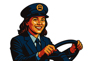 Smiling Female Bus Driver Holding, a Transportation Illustration by AlexArt