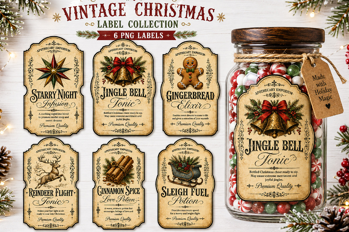 Vintage Christmas Apothecary Labels, a Seasonal Illustration by Rose Art (Photo 1 of 3)