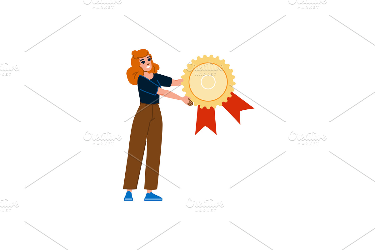 Woman holding golden award badge, a Person Illustration by pikepicture