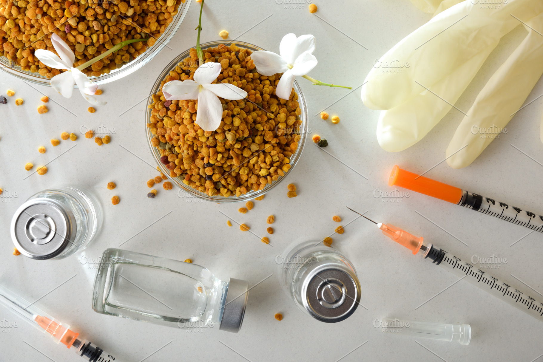 Pollen vaccination tools and bowl of pollen on white table, a Health & Medical Photo by Davizro's Market