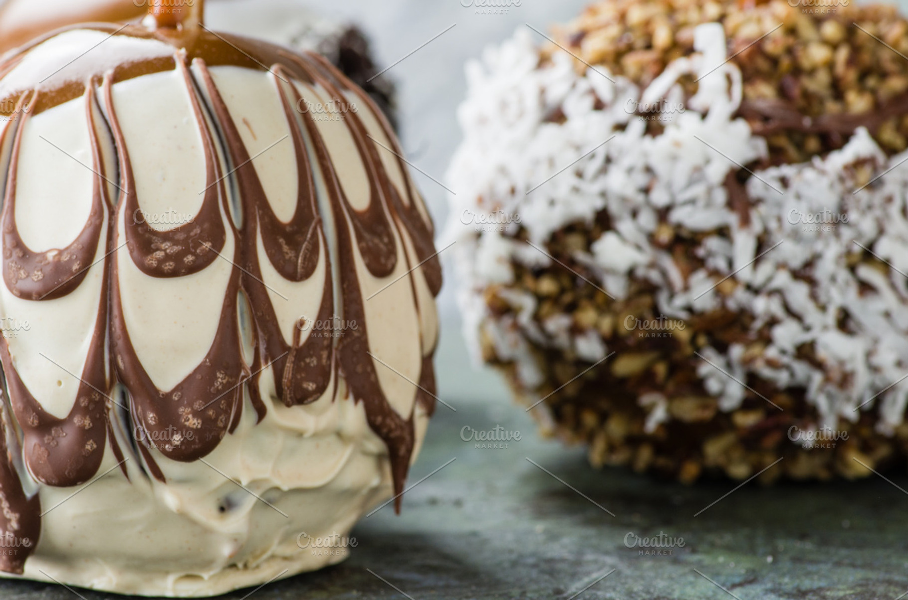 Chocolate or caramel covered apples containing apples, food, and fruit, a Food & Drink Photo by Zigzag Mountain Art
