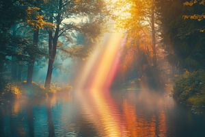 A serene forest scene with sunlight streaming through the trees, casting colorf, a Photo by Textures & Backgrounds