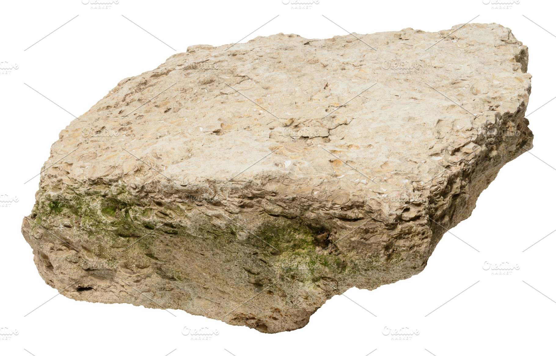 Rough natural stone with uneven surface and moss, isolated backg, an Abstract Photo by ndanko