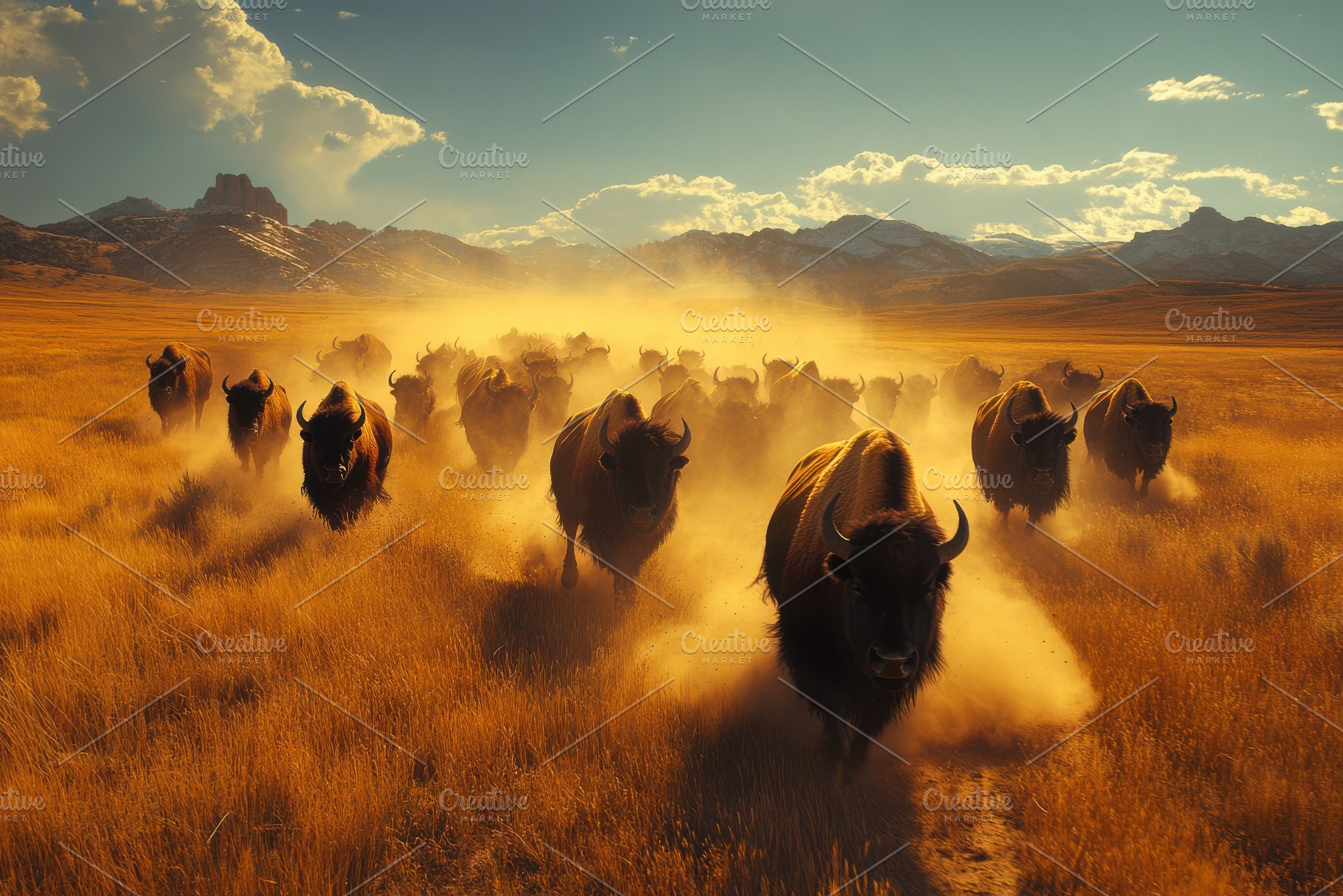 Bison Herd Running Through Golden Gr, an Animal Photo by Pixeness Studio