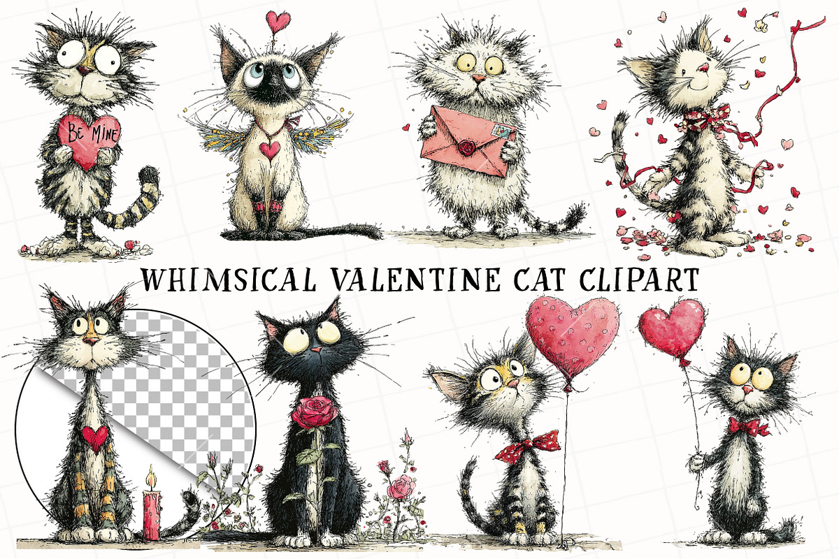 Whimsical Valentine Cat Clipart, an Illustration by OK Design (Photo 2 of 6)