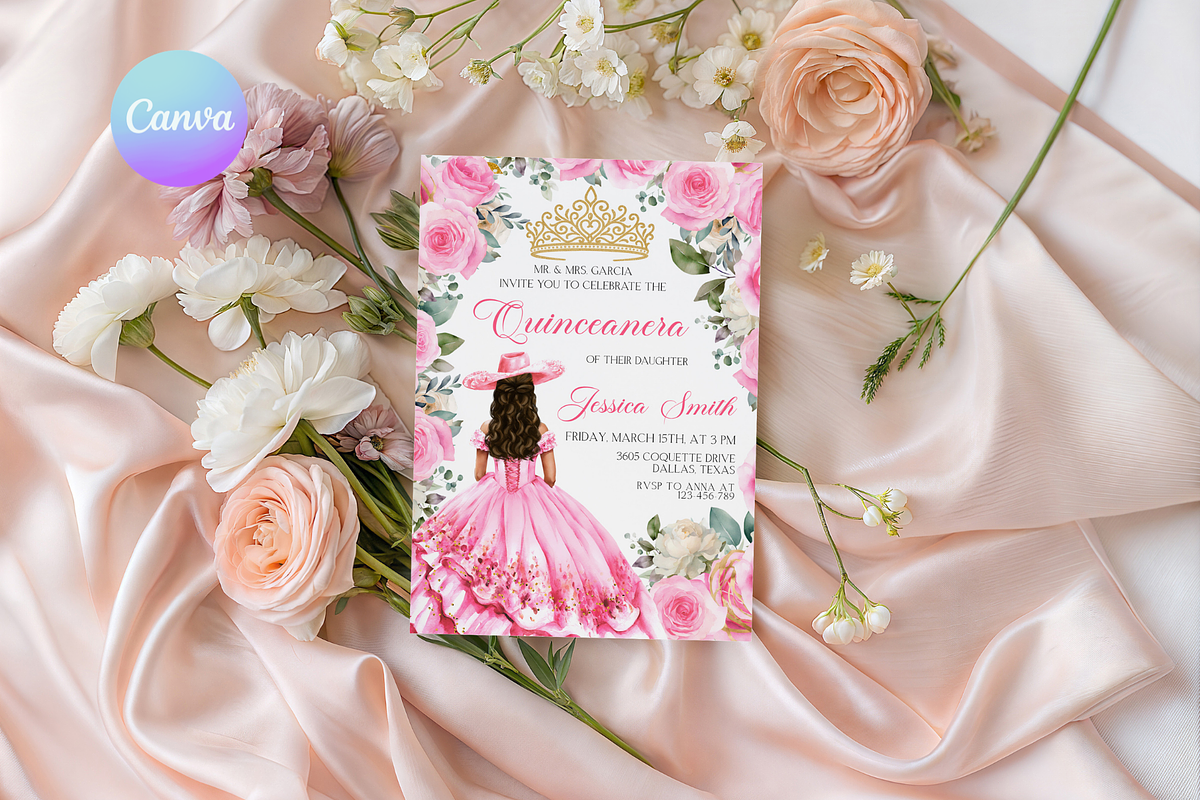 Blush Pink Quinceañera Party Invite, a Templates & Theme by VeliusCreativeStudio (Photo 1 of 3)