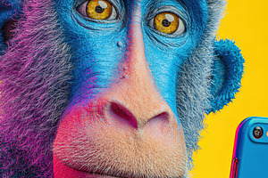 Vivid blue monkey taking a selfie with a smartphone against a br, an Abstract Photo by Ales Munt
