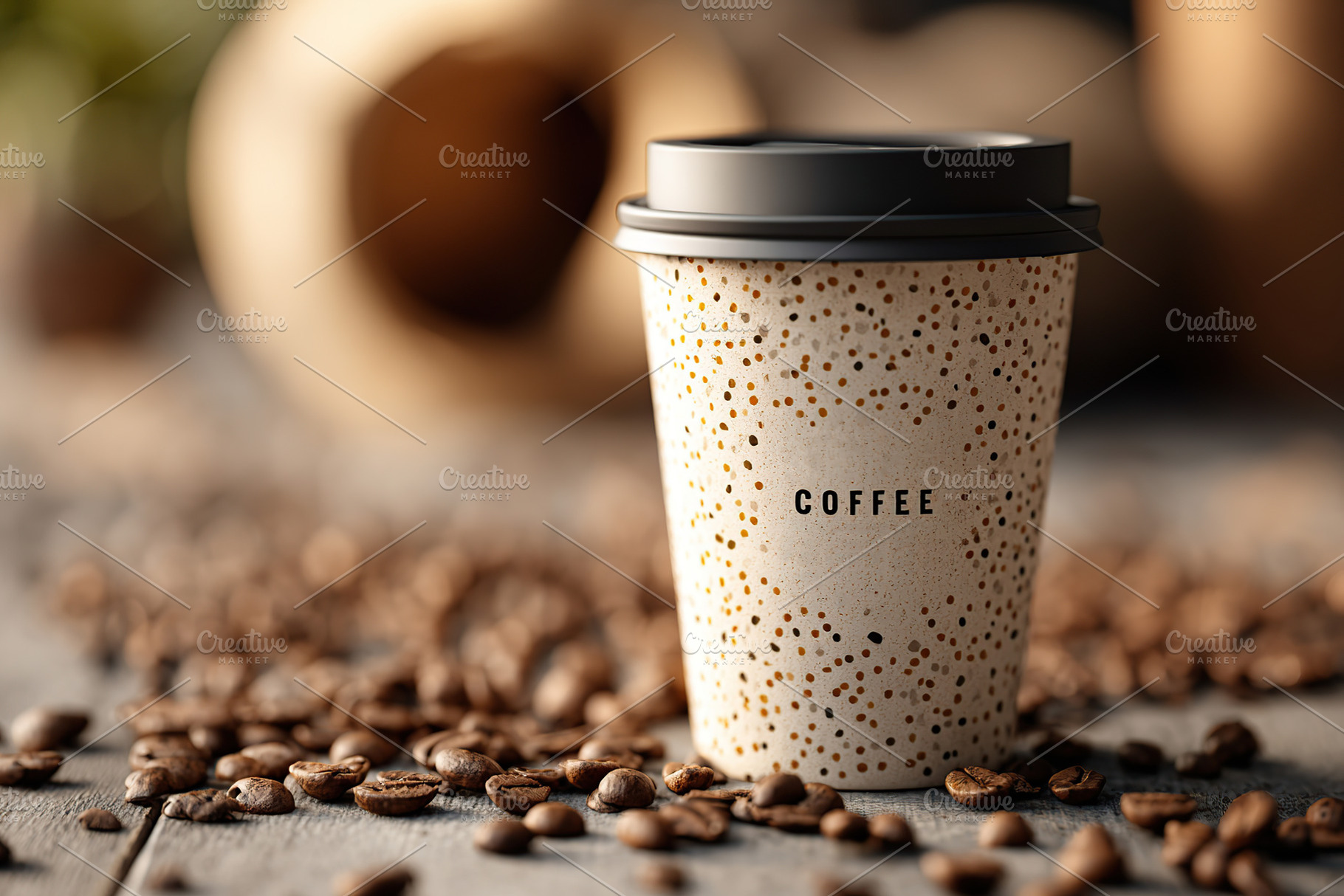 Eco-friendly coffee cup displayed among coffee beans on a wooden surface, a Food & Drink Photo by AlyaAnd