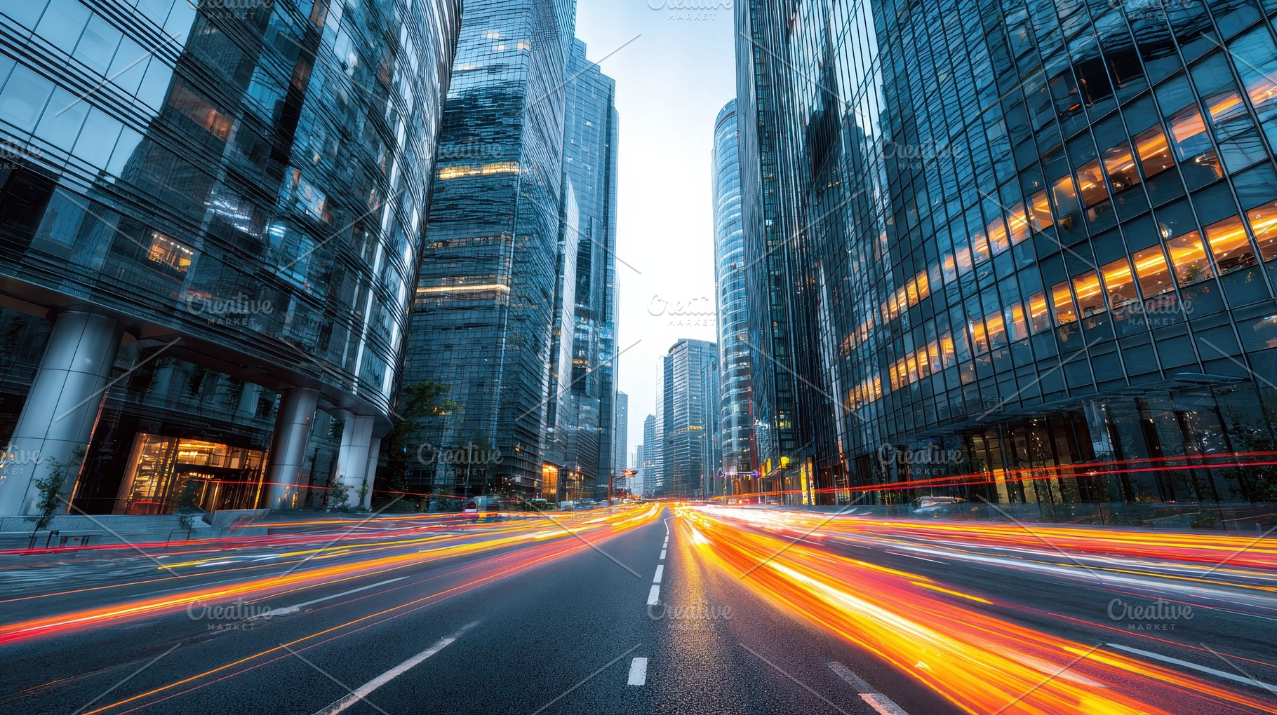Modern city street with glass build, a Photo by Pavel_design
