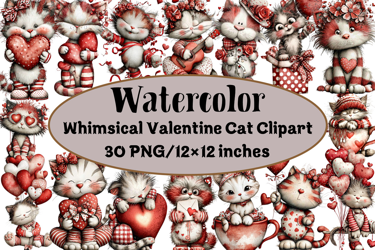 Whimsical Valentine Cat Clipart, an Illustration by Design Market (Photo 1 of 3)