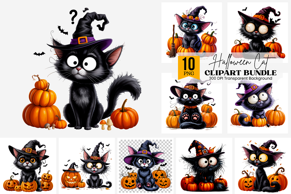 Halloween Cat with Witch Hat PNG, a Graphic by Clipart Bloom (Photo 1 of 11)