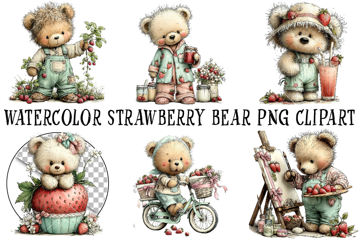Strawberry Bear PNG Clipart Set, a Seasonal Illustration by OK Design (Photo 2 of 6)