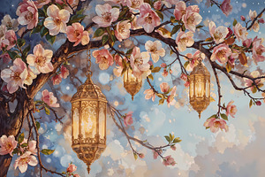 Cherry Blossom Lanterns – Watercolor