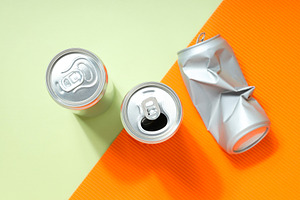 Concept of drink, blank cans, top view, a Food & Drink Photo by AtlasStudio PRO